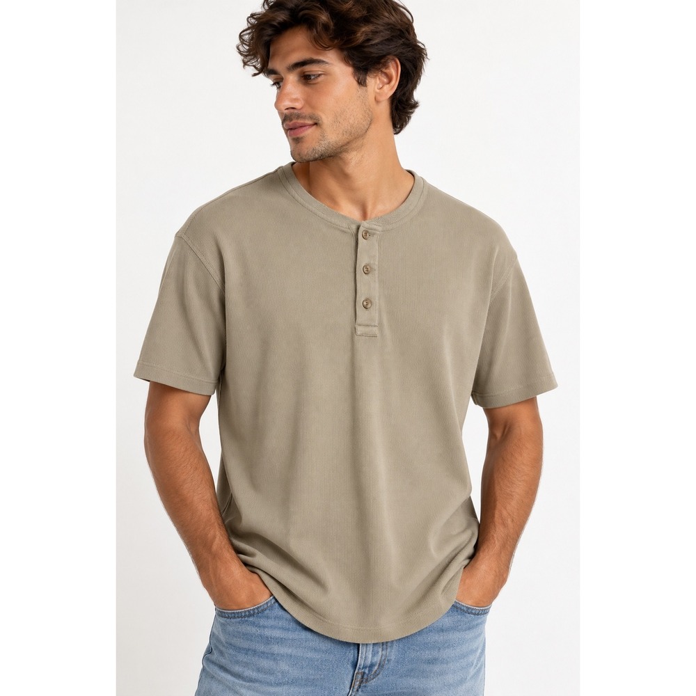 Banana Republic Mens XL Khaki Tan Ribbed Short Sleeve Henley Shirt Cotton Blend